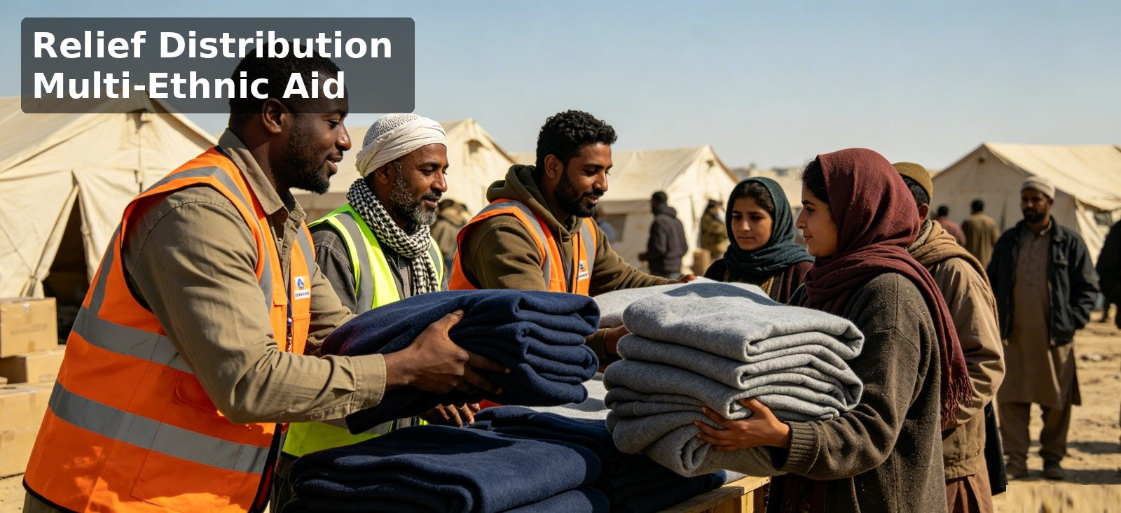 Disaster relief blankets distributed at a humanitarian aid point Disaster relief blankets distributed at a humanitarian aid point
