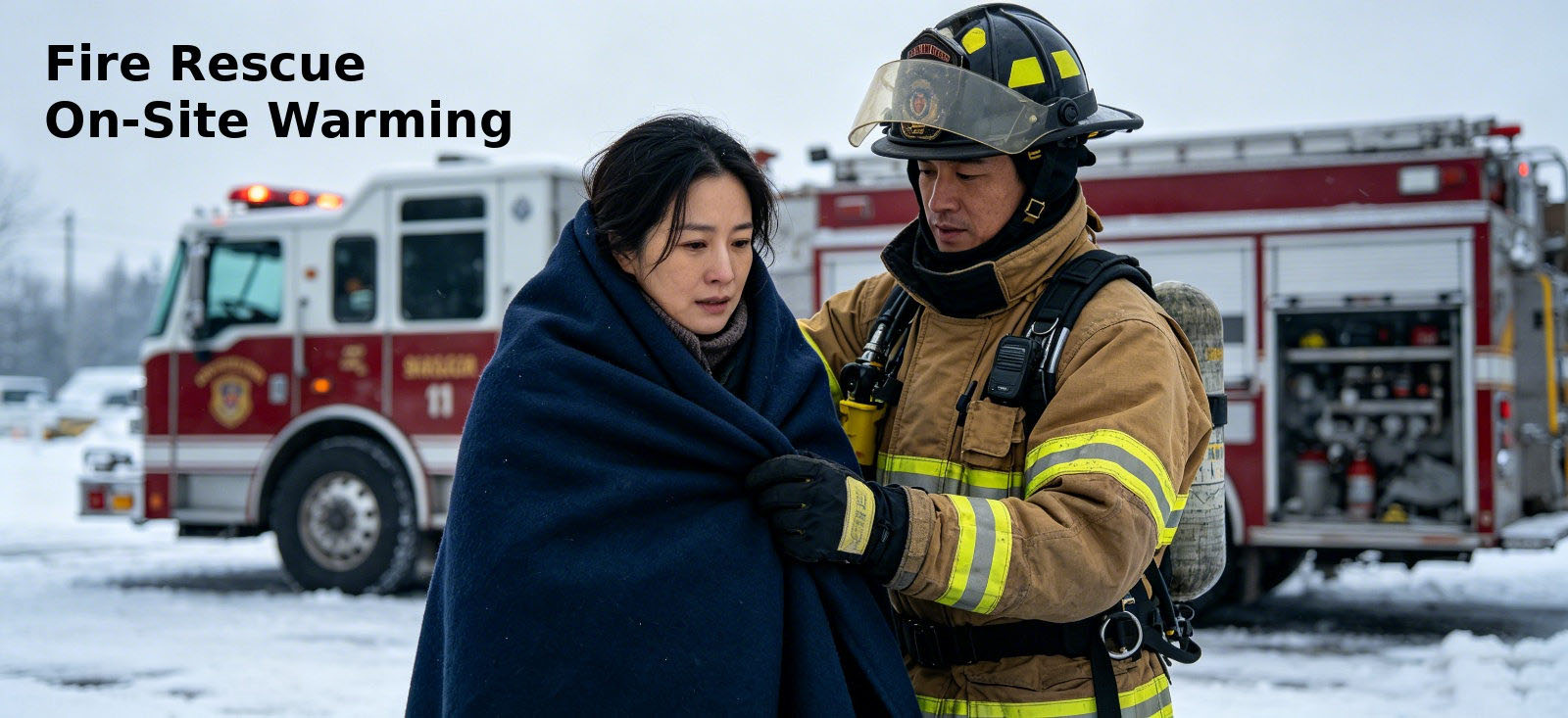 Fire responder providing a blanket during a cold-weather incident Fire responder providing a blanket during a cold-weather incident