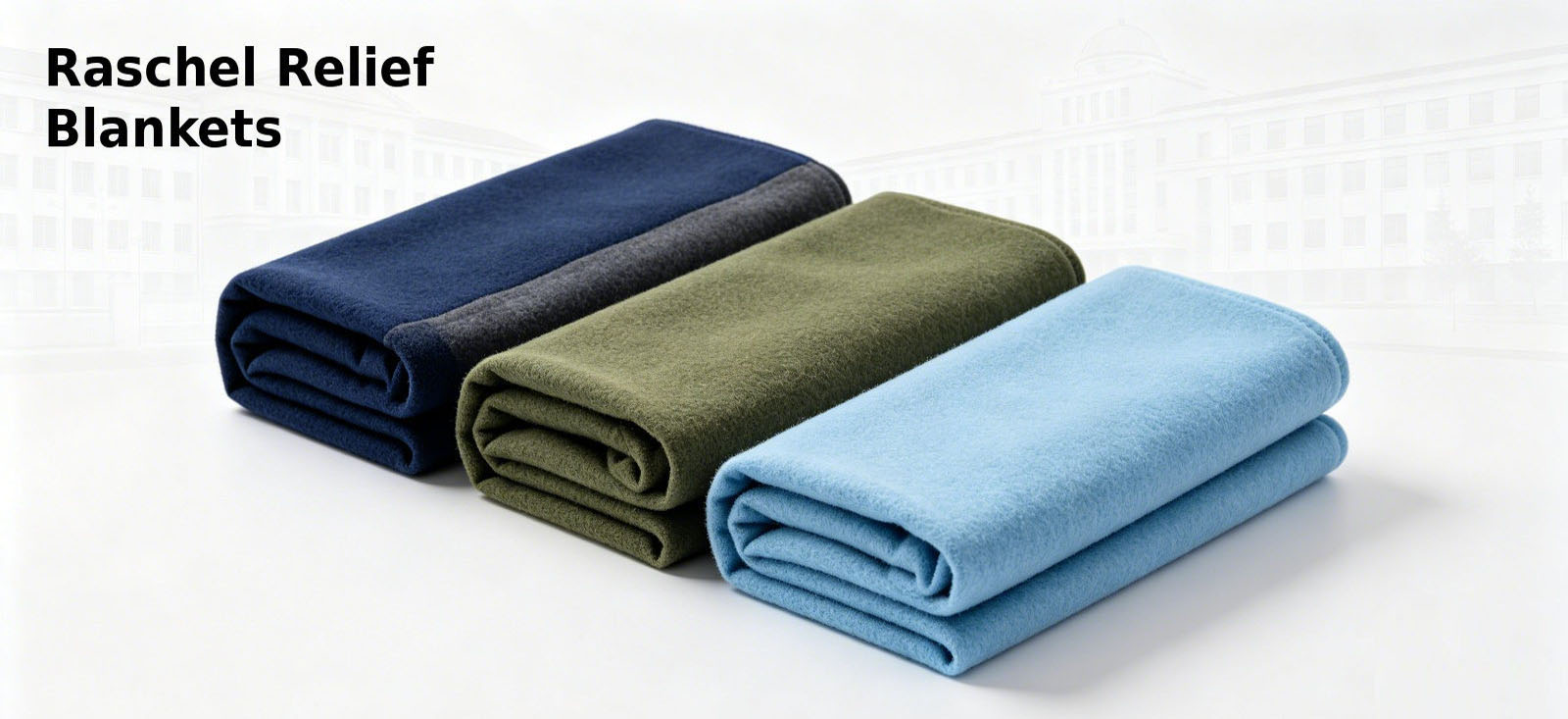 Raschel relief blankets shown in three standard institutional colours Raschel relief blankets shown in three standard institutional colours