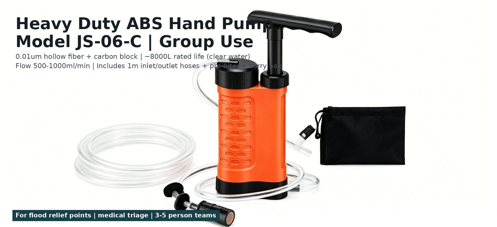 Heavy-duty orange hand-pump water purifier and accessory pouch for bulk procurement review