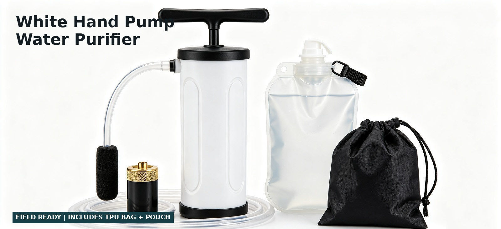 White hand-pump emergency water purifier with storage bag for procurement review and temporary site distribution White hand-pump emergency water purifier with storage bag for procurement review and temporary site distribution
