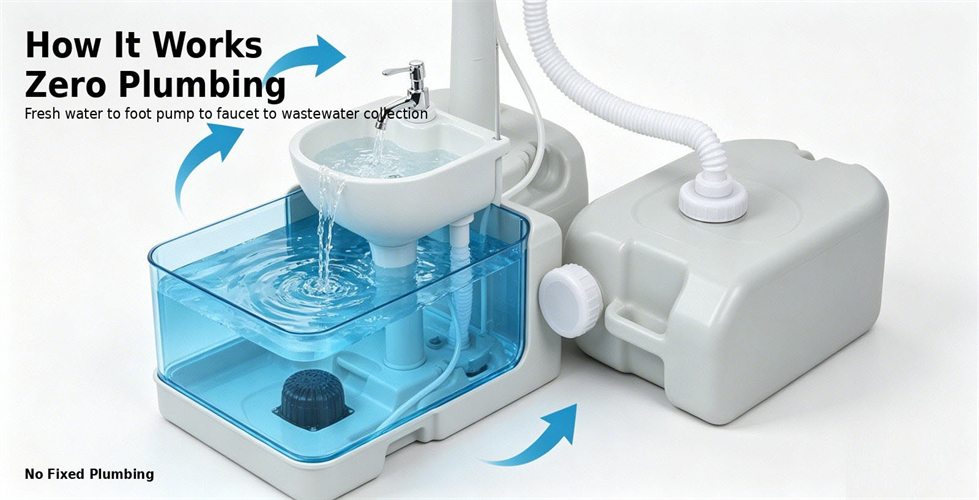 Foot-pump water flow on a portable hand wash station for procurement review and emergency site allocation