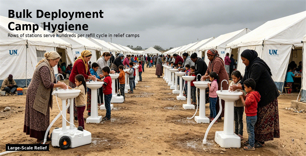 Portable hand wash stations deployed across a relief camp for procurement review and emergency site allocation