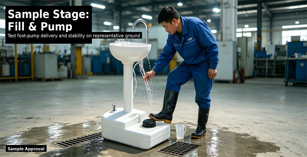 Portable hand wash station sample filled and pump-tested for procurement review and emergency site allocation