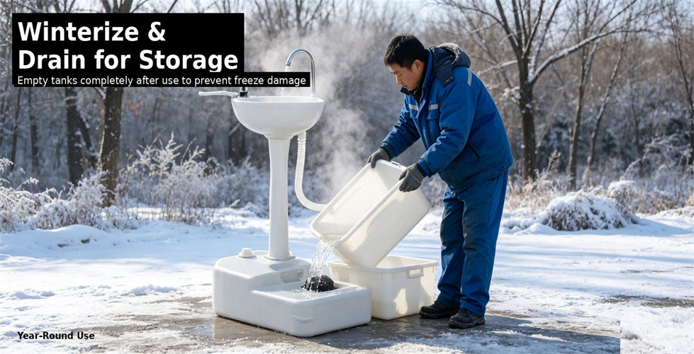Portable hand wash station drained before cold-weather storage for procurement review and emergency site allocation