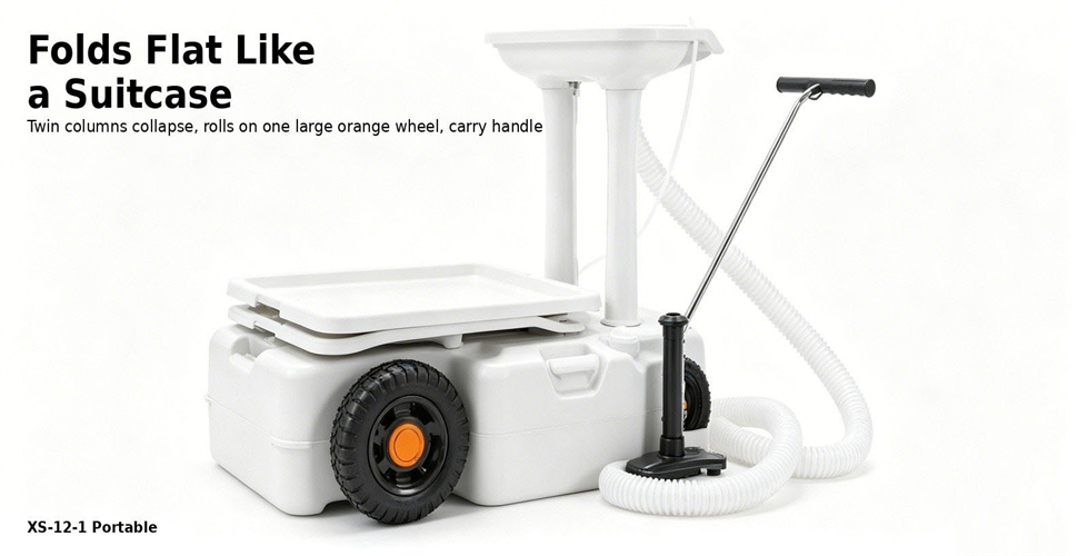Portable hand wash station folded into a suitcase-style transport format for bulk procurement review