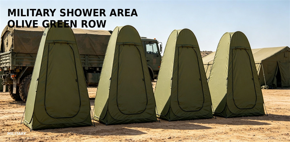 Portable shower tents arranged in a field washing area for procurement review and emergency camp allocation