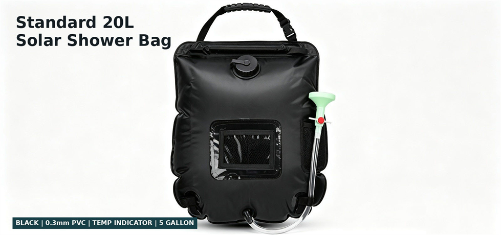 Standard 20 L emergency solar shower bag with hose and shower head for bulk procurement review