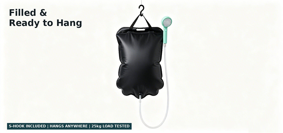 Filled emergency shower bag hanging ready for use for procurement review and emergency hygiene allocation