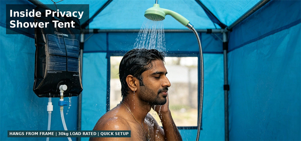 Emergency shower bag connected inside a portable privacy tent for procurement review and emergency hygiene allocation