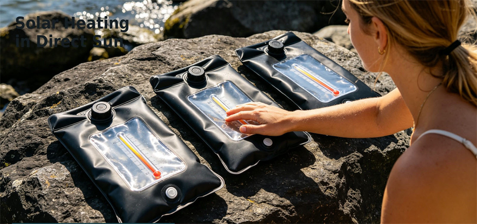 Emergency shower bag warming in direct sunlight before use for procurement review and emergency hygiene allocation