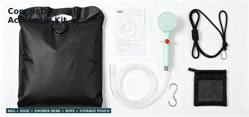 Complete emergency shower bag accessory kit arranged for checking for bulk procurement review