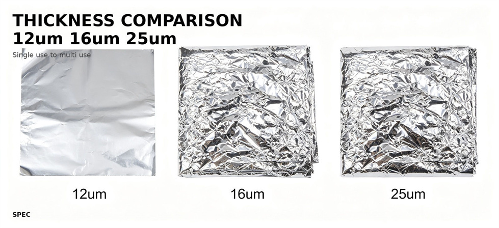 Emergency foil blanket film thickness options arranged for comparison for bulk procurement review
