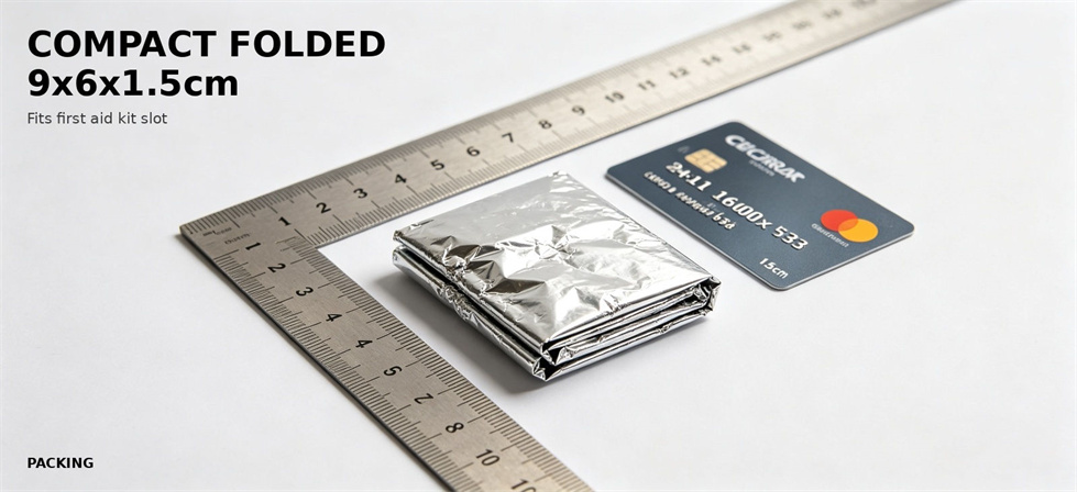 Compact folded emergency foil blanket measured for kit packing for procurement review and organized field allocation Compact folded emergency foil blanket measured for kit packing for procurement review and organized field allocation