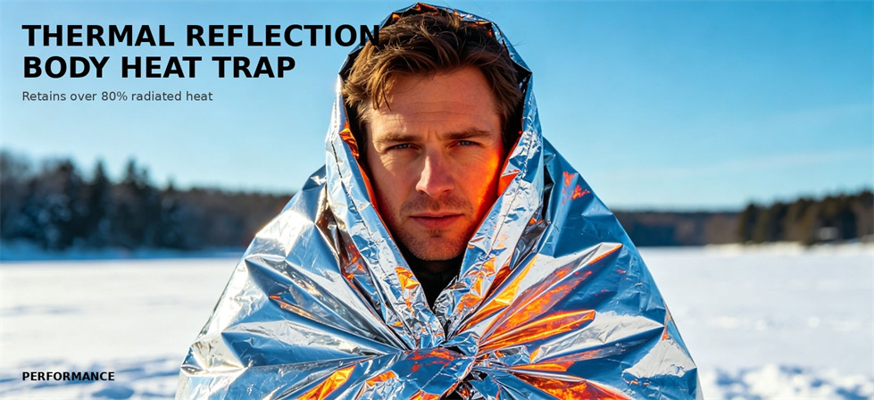 Emergency foil blanket wrapped around a person in a cold outdoor setting for bulk procurement review Emergency foil blanket wrapped around a person in a cold outdoor setting for bulk procurement review