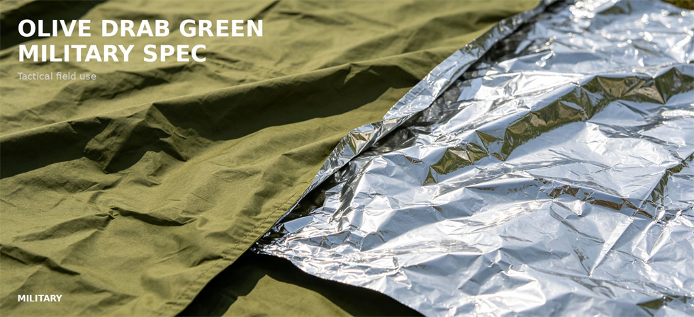 Olive drab emergency foil blanket option shown with its silver inner surface for bulk procurement review Olive drab emergency foil blanket option shown with its silver inner surface for bulk procurement review