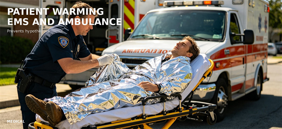Emergency foil blanket used for temporary patient warmth beside an ambulance for bulk procurement review