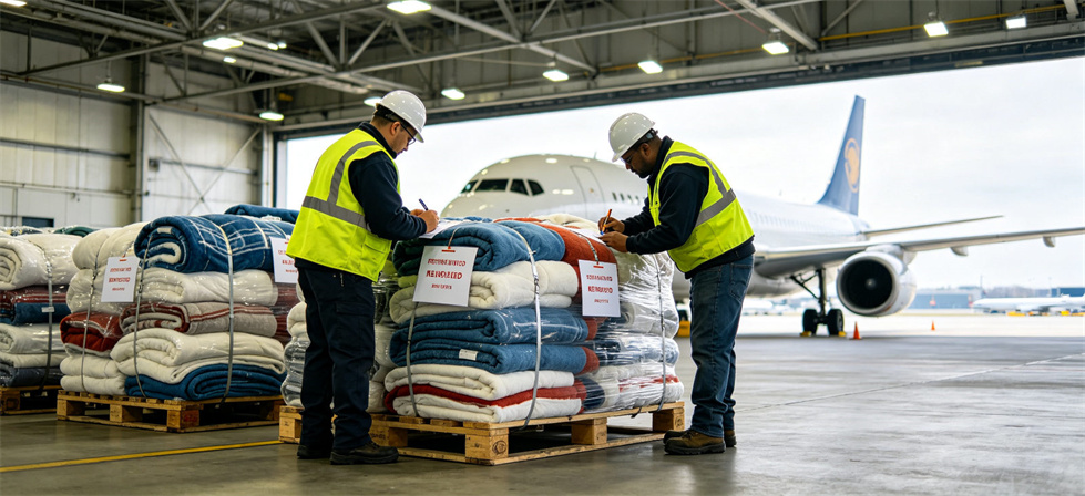 Emergency relief blanket airport loading check for urgent shipment and logistics coordination