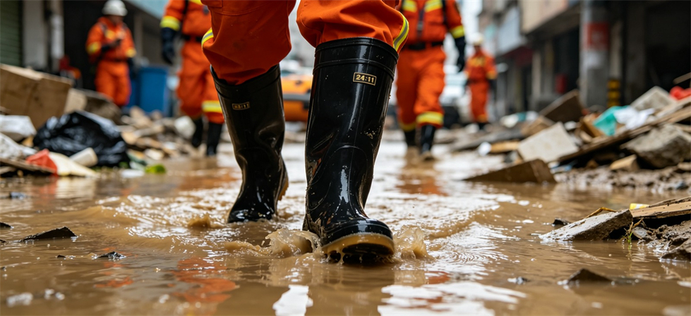 Flood Relief Products showing flood cleanup boots for bulk order inspection and export shipment coordination