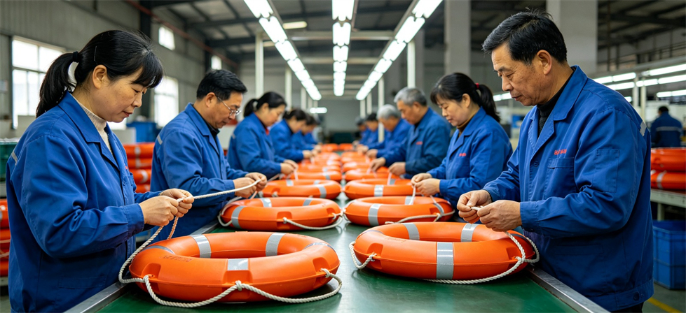 Rescue Lifebuoys showing assembly line for bulk order inspection and export shipment coordination Rescue Lifebuoys showing assembly line for bulk order inspection and export shipment coordination