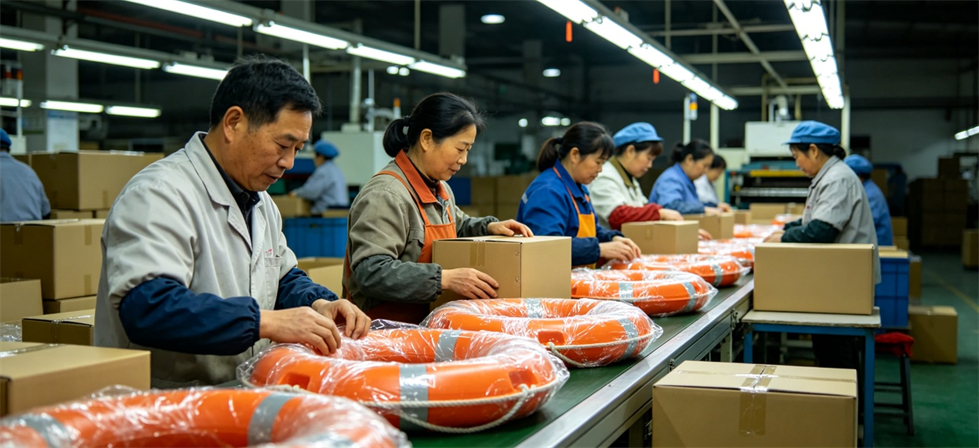 Rescue Lifebuoys showing packing line for bulk order inspection and export shipment coordination