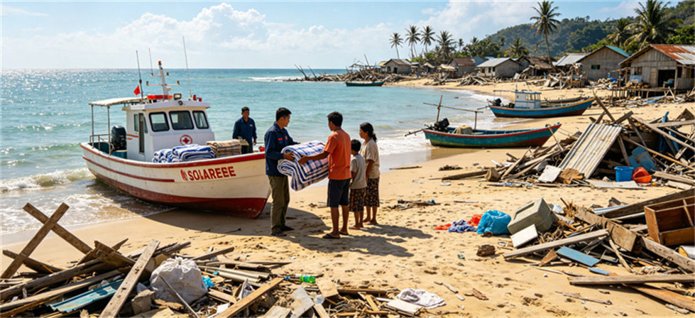Extreme cold relief blanket coastal disaster site scene for supplier planning and emergency allocation review