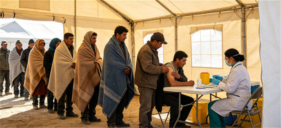 Extreme cold relief blanket camp registration scene for supplier screening and field delivery verification