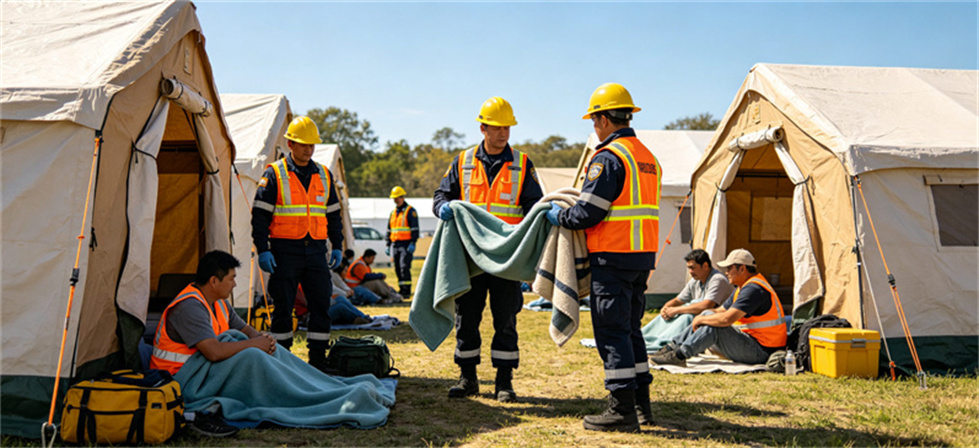 Shelter-project blanket tent camp distribution scene for rescue personnel allocation and shelter safety review in temporary accommodation
