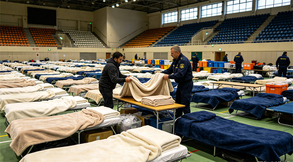Emergency blanket temporary shelter use showing solid color brown scene for institutional procurement review