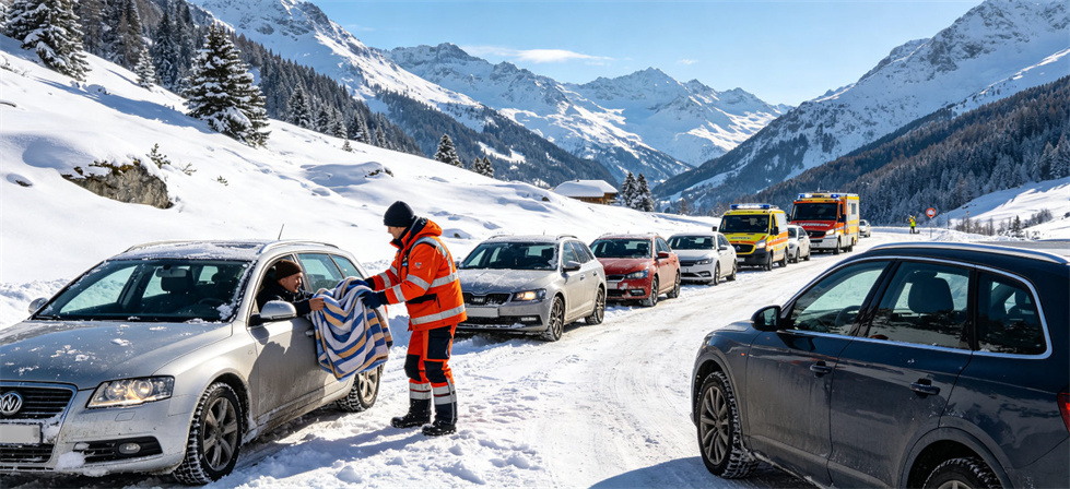 Shelter‑project blanket snowy highway emergency scene for stranded driver support and field emergency safety review in temporary accommodation Shelter‑project blanket snowy highway emergency scene for stranded driver support and field emergency safety review in temporary accommodation