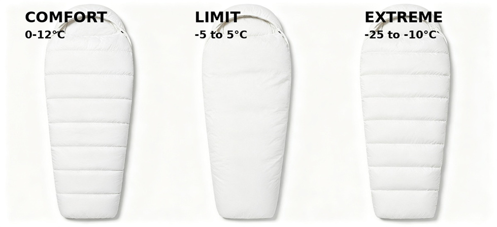 Comfort, limit, and extreme sleeping bag temperature ratings shown for institutional selection