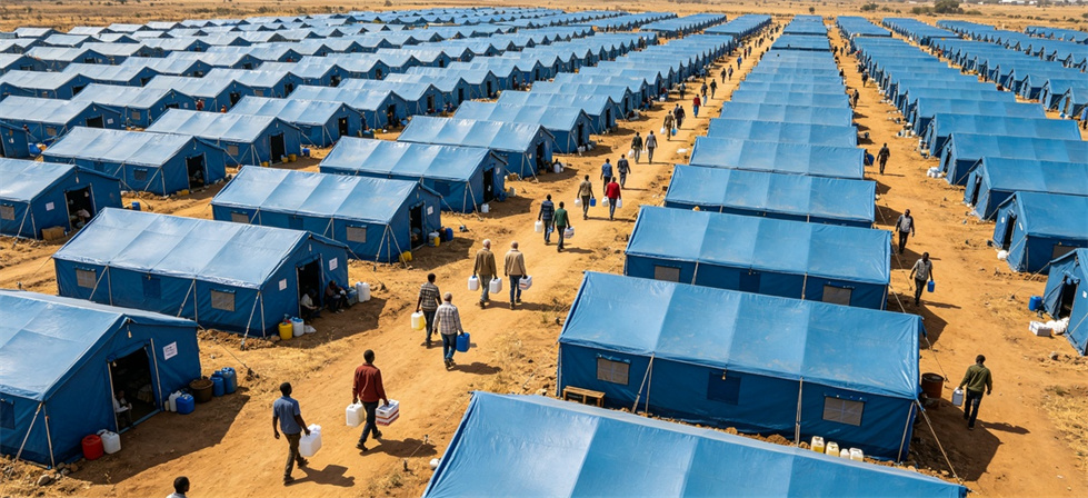 Relief tent camp aerial shown for lead in institutional relief tent procurement planning