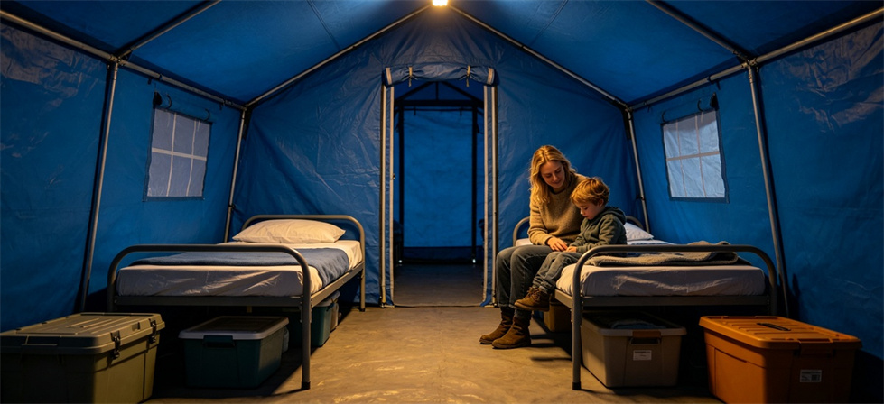 Relief tent accommodation interior for institutional relief tent procurement and project review