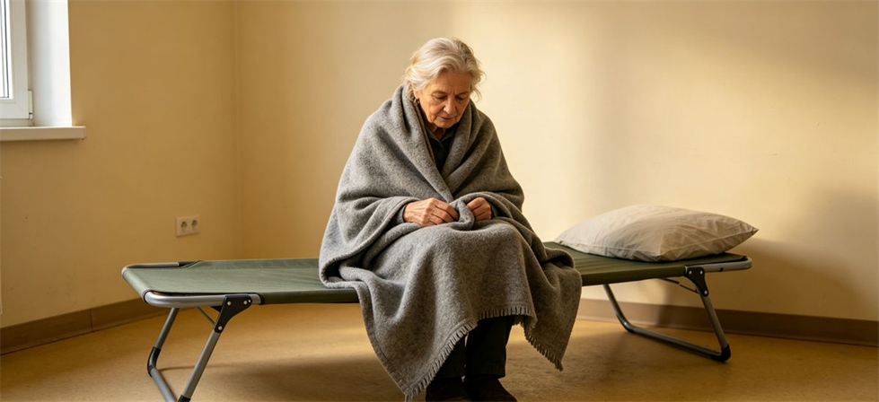 Wool blend blanket used in a shelter room for cold climate accommodation planning