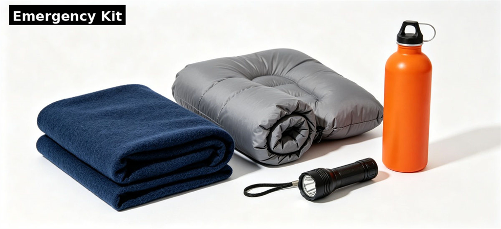 Emergency supply kit combining a relief blanket with field accommodation accessories