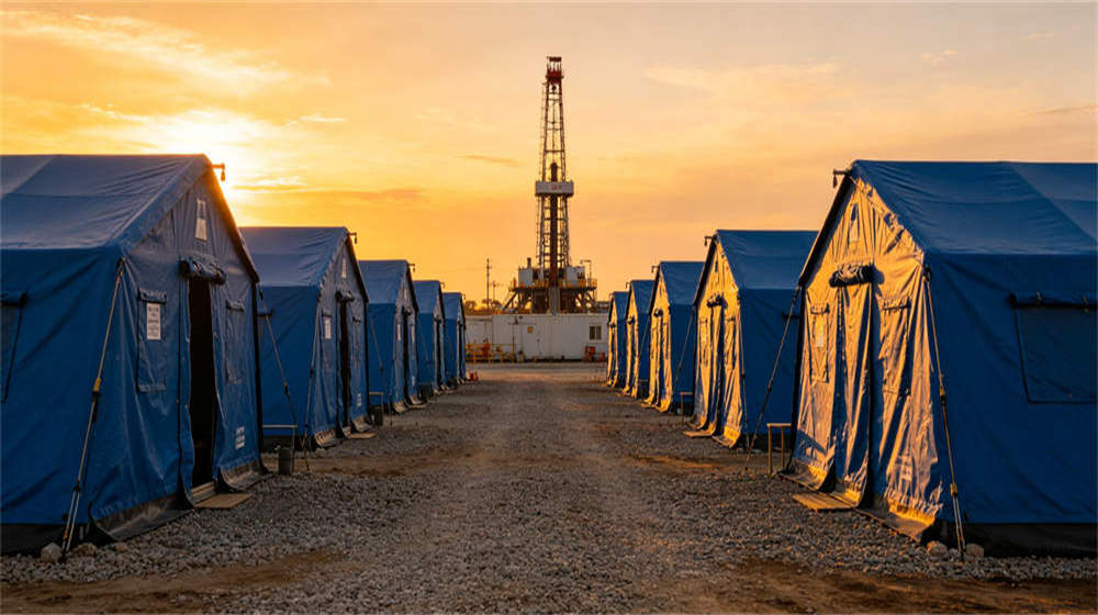Oilfield camp equipment collection tents bedding lighting and safety gear for crews