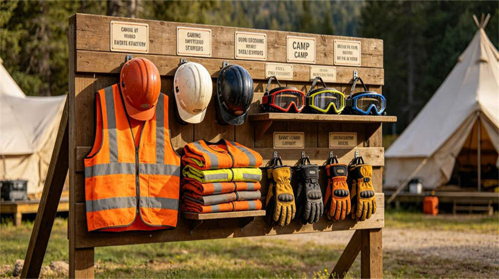 Safety equipment station at camp site with helmets vests gloves goggles organized display
