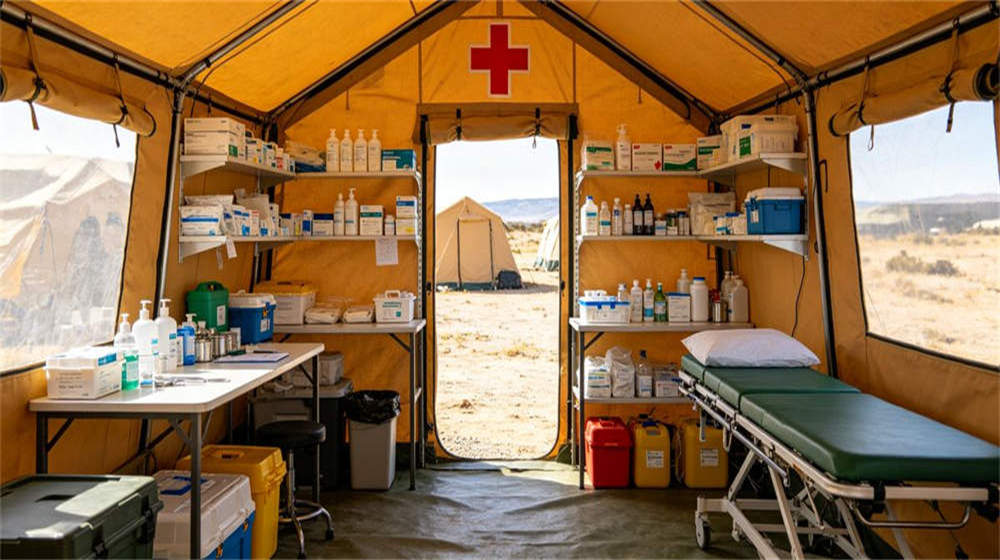 Emergency evacuation route marked with glow sticks at remote camp night scene