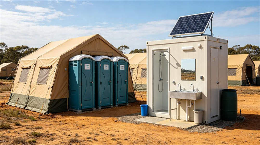 Remote camp storage and warehouse area with shipping containers and supply tents