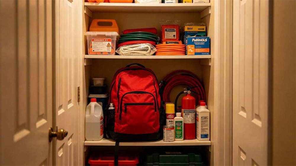 Family emergency kit stored neatly in home hallway closet with other emergency supplies