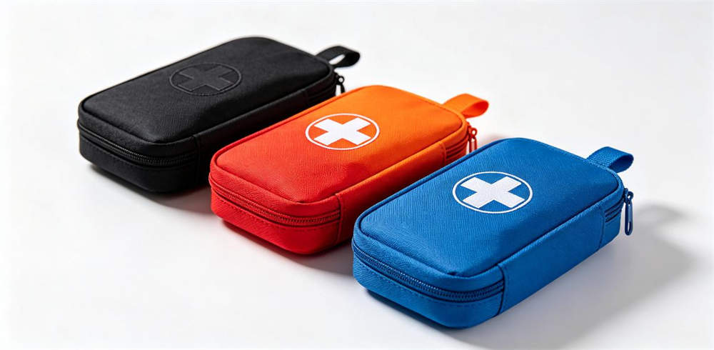 Personal portable emergency kit pouch in black red orange and blue colors