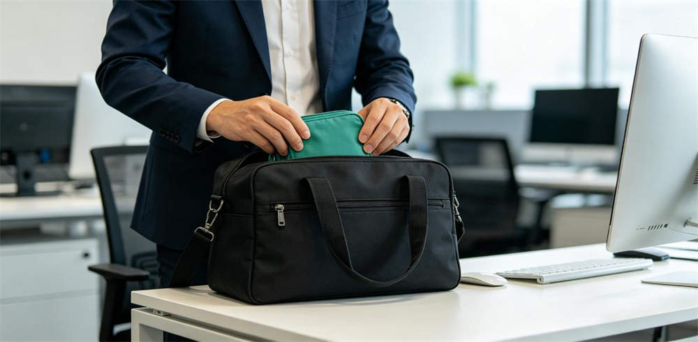 Office worker putting personal emergency kit pouch into work bag