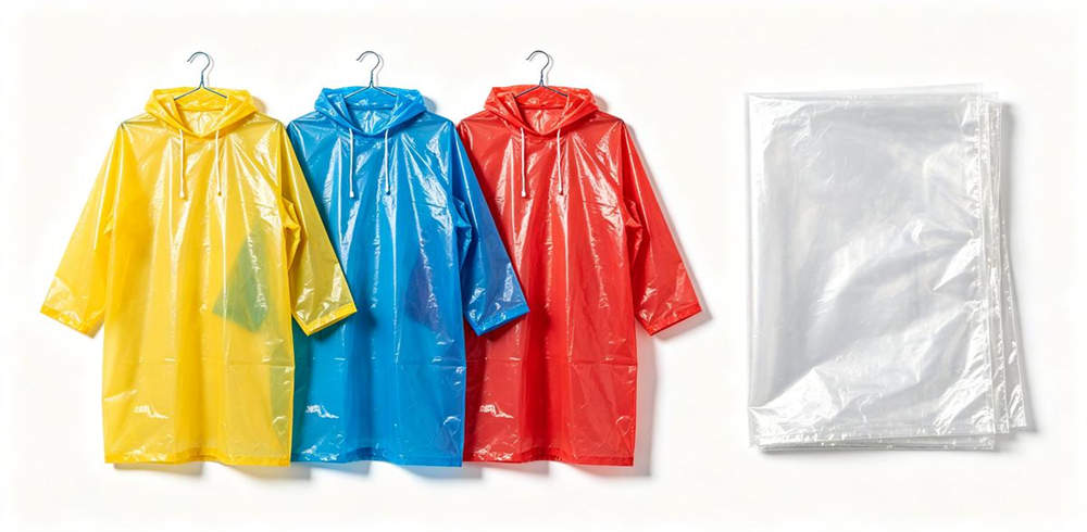Disposable rain ponchos in yellow blue red and clear colors hanging on hangers