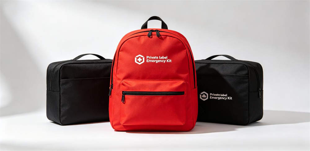 Private label emergency kit samples with custom logo printing in red black and orange