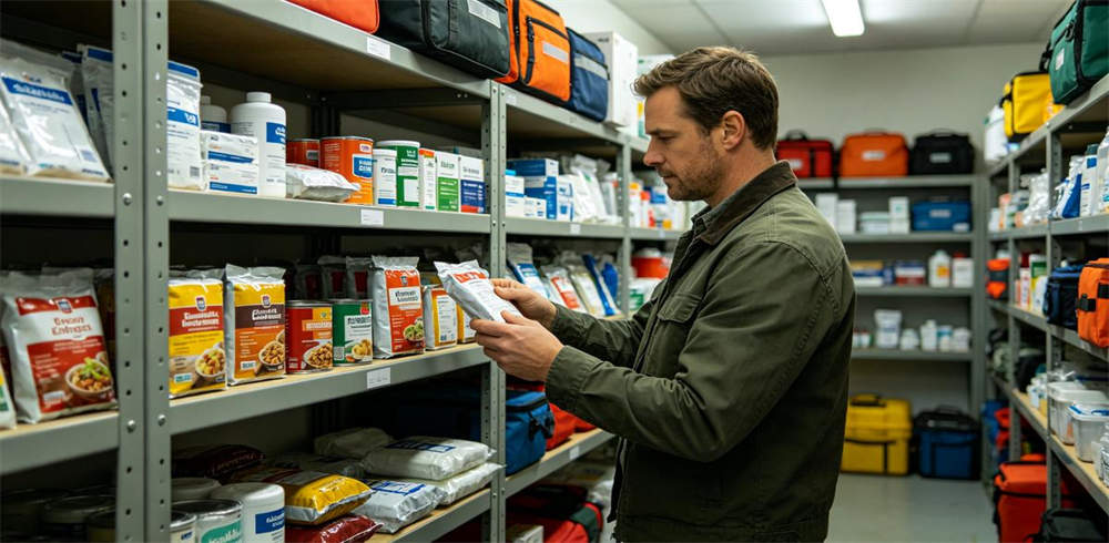 Person checking expiration dates on emergency kit food rations and first aid supplies
