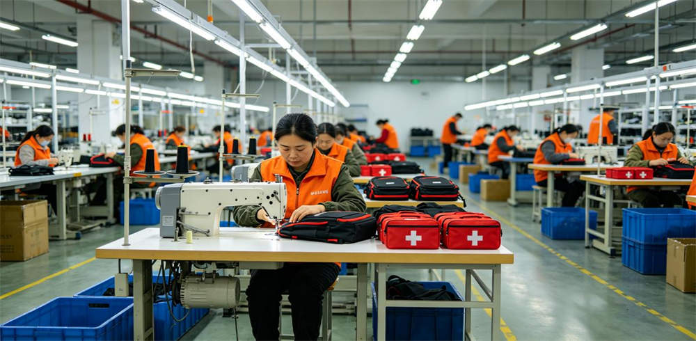 Emergency kit factory production line with workers sewing backpacks and assembling first aid kits