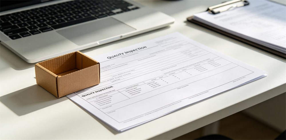 Emergency kit sample order with quality inspection report and small box on office desk
