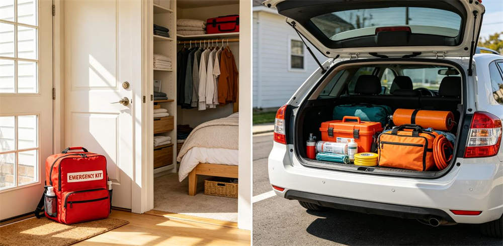 Emergency kit storage locations by front door bedroom closet and car trunk split view