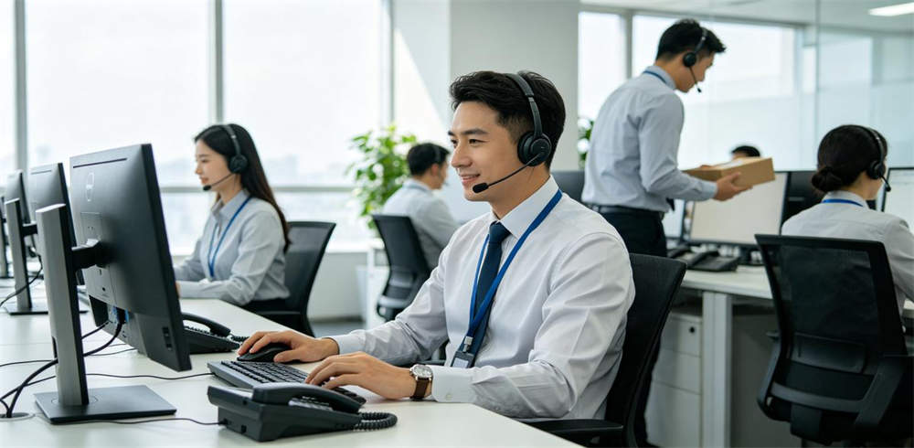Customer service team handling emergency kit inquiries at office with computers and phones