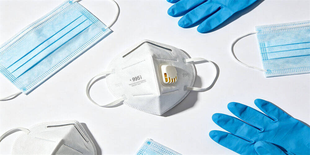 Protective masks gloves collection on white background, disposable surgical masks, particulate respirators and nitrile gloves for emergency, workplace safety and B2B bulk procurement supplies